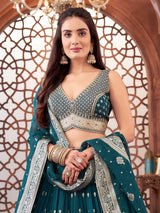 Rama blue georgette cutdana lehenga choli with V neckline
