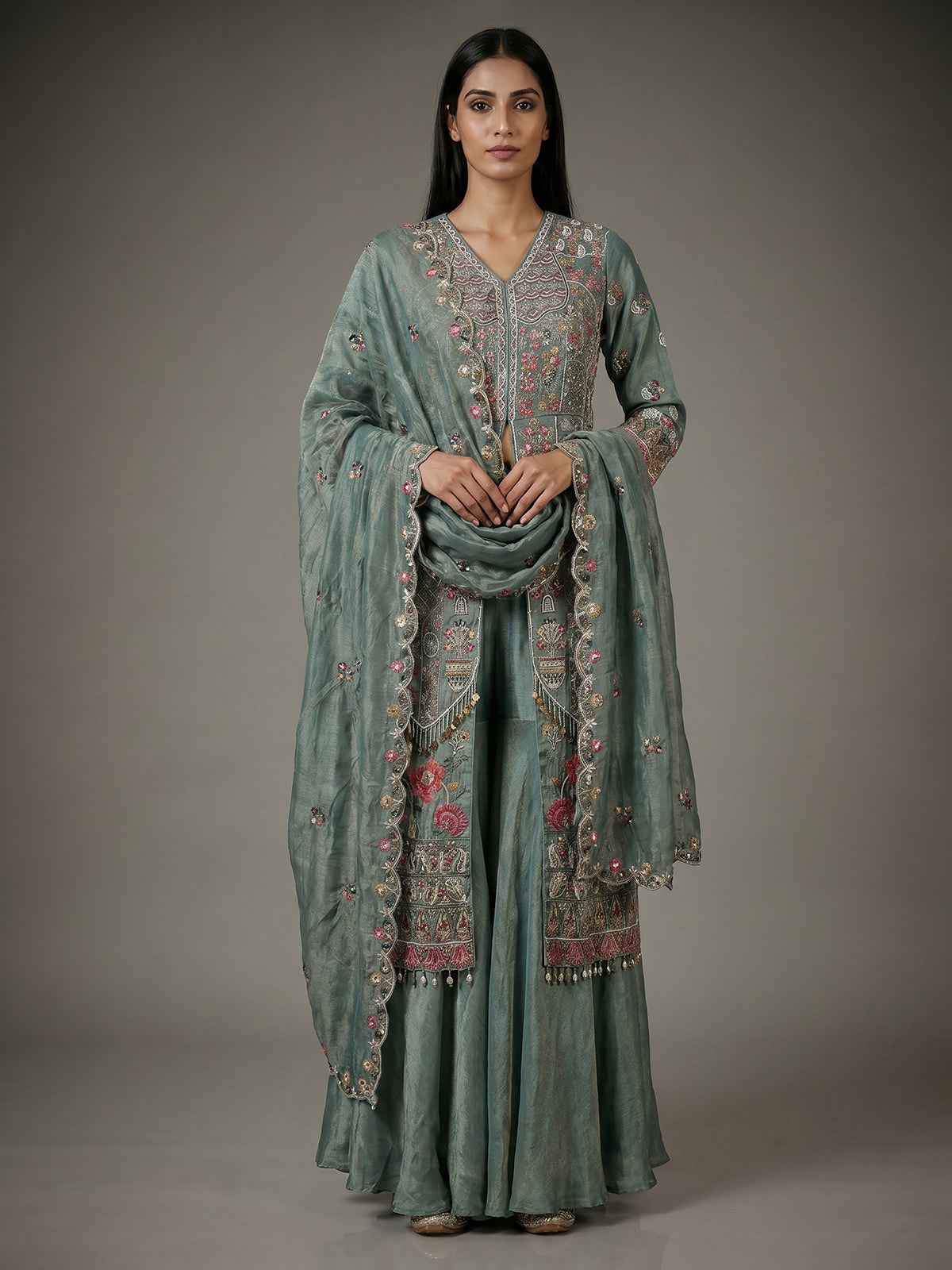 Teal sea green embroidered silk palazzo suit