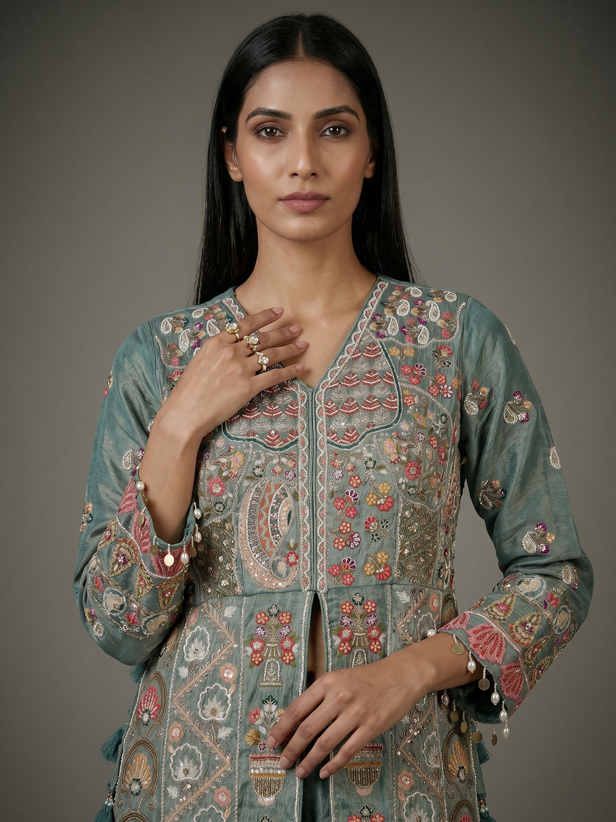 Teal sea green embroidered silk palazzo suit