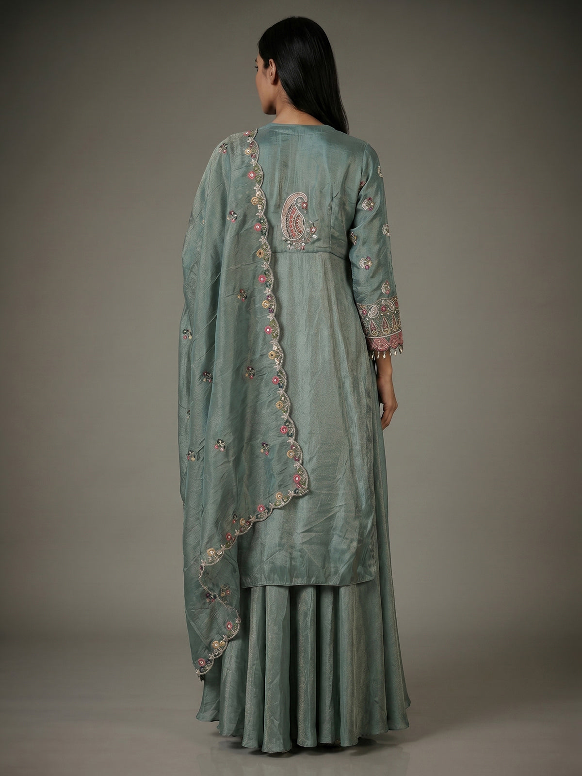 Teal sea green embroidered silk palazzo suit