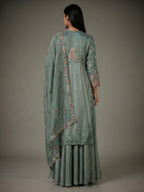 Teal sea green embroidered silk palazzo suit