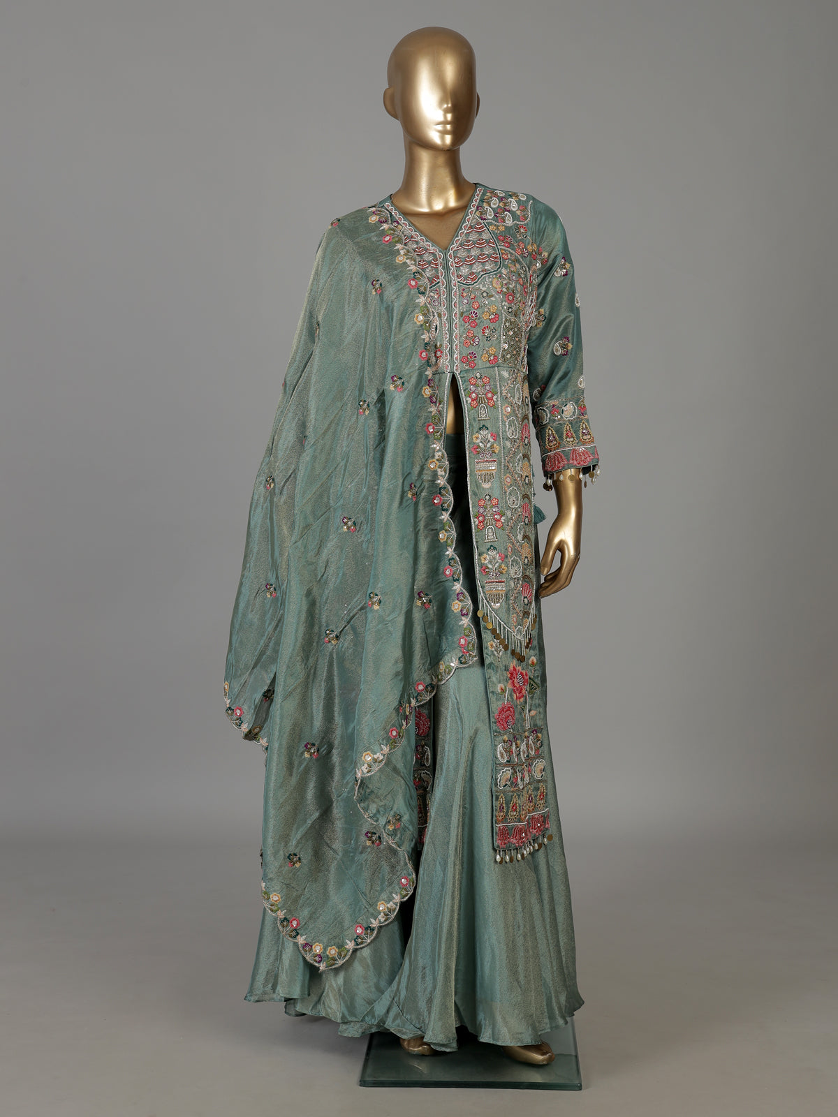 Teal sea green embroidered silk palazzo suit