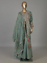 Teal sea green embroidered silk palazzo suit