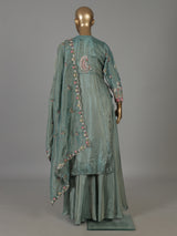 Teal sea green embroidered silk palazzo suit
