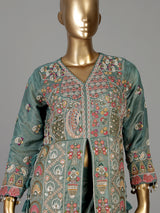 Teal sea green embroidered silk palazzo suit