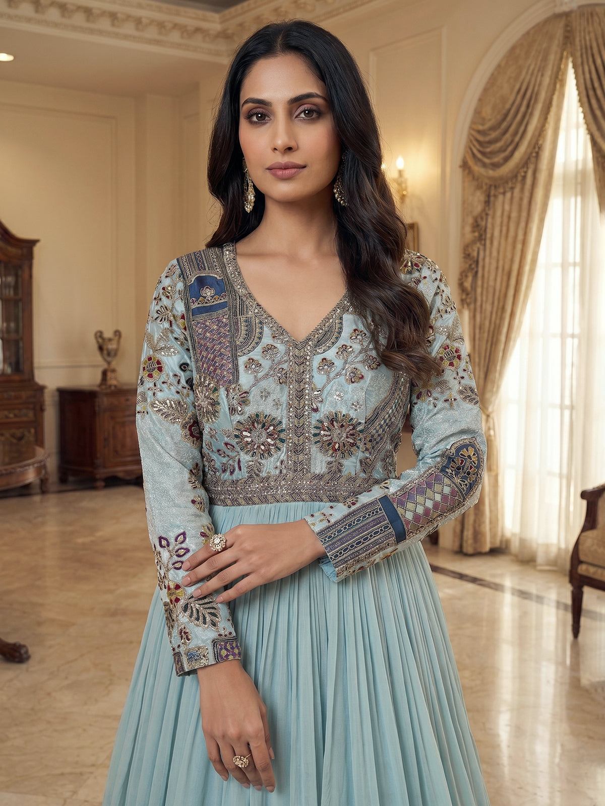 Sky blue silk floor length salwar suit
