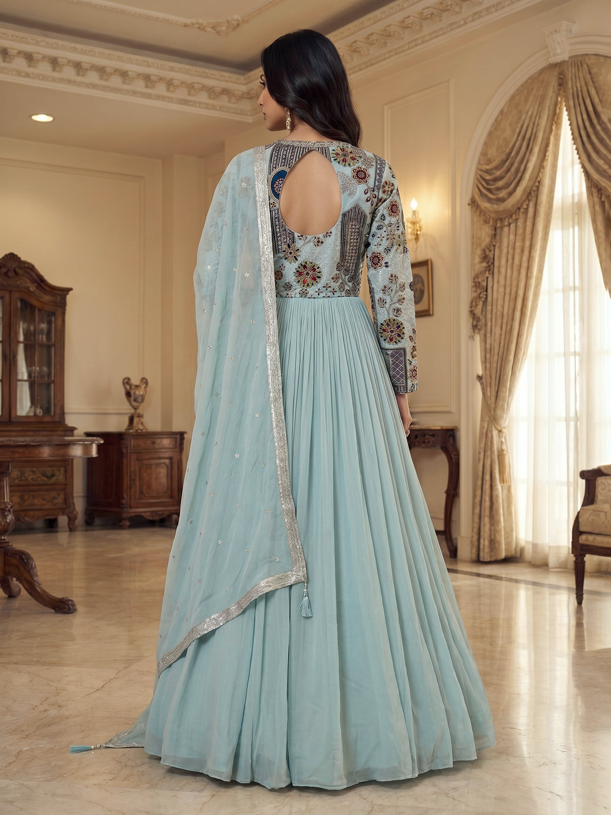 Sky blue silk floor length salwar suit
