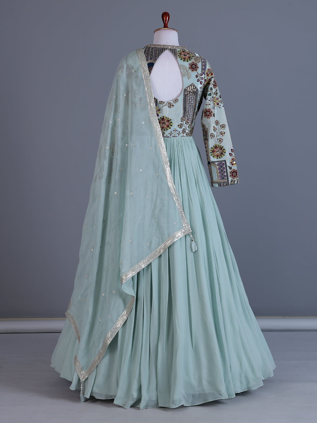 Sky blue silk floor length salwar suit