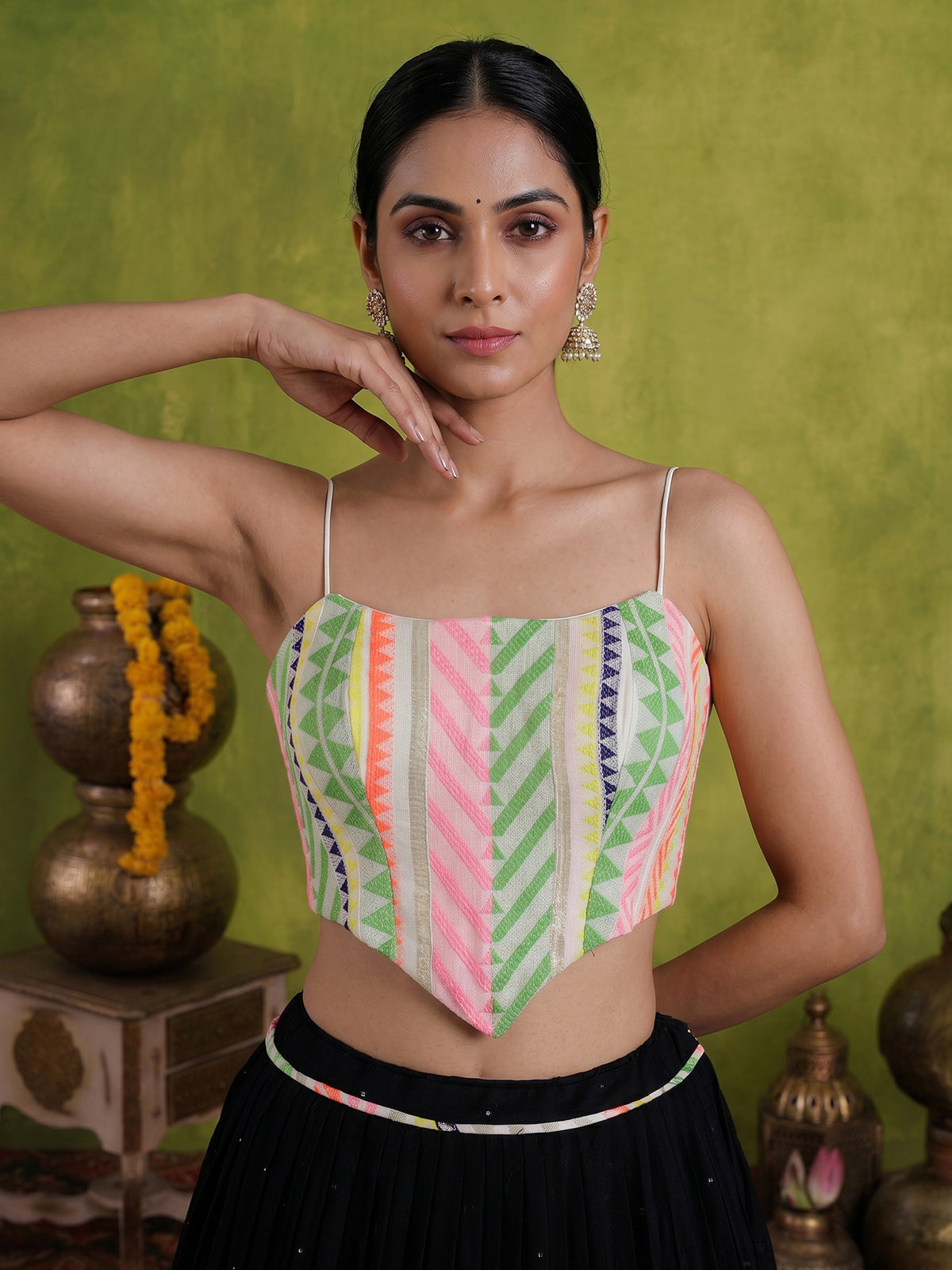 Black tissue silk navratri wear lehenga choli with sleeveless choli
