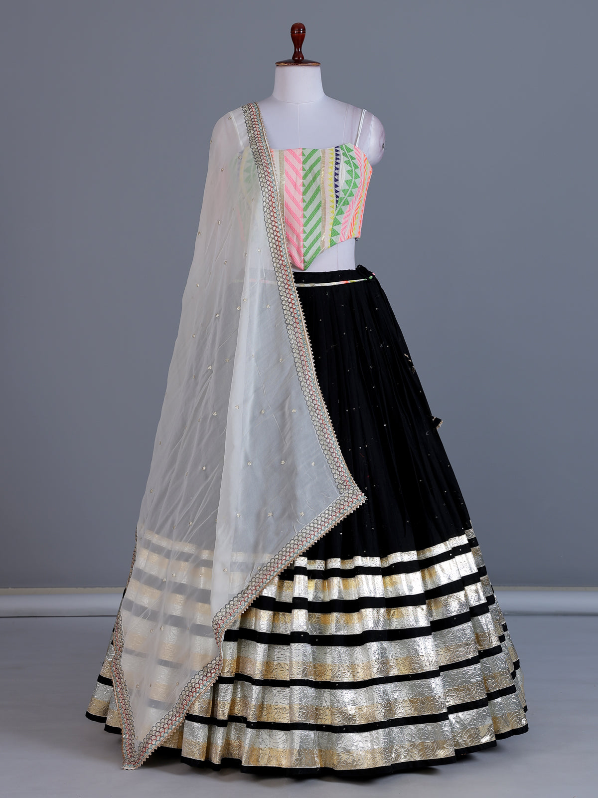 Black tissue silk navratri wear lehenga choli with sleeveless choli