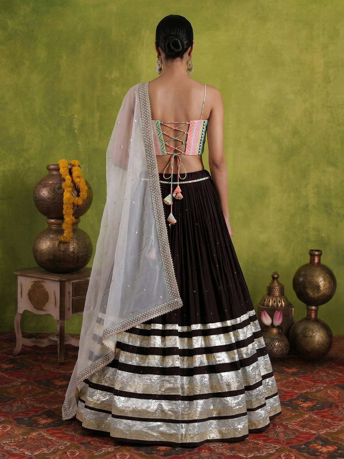 Brown navratri wear tissue silk lehenga choli with gota patti