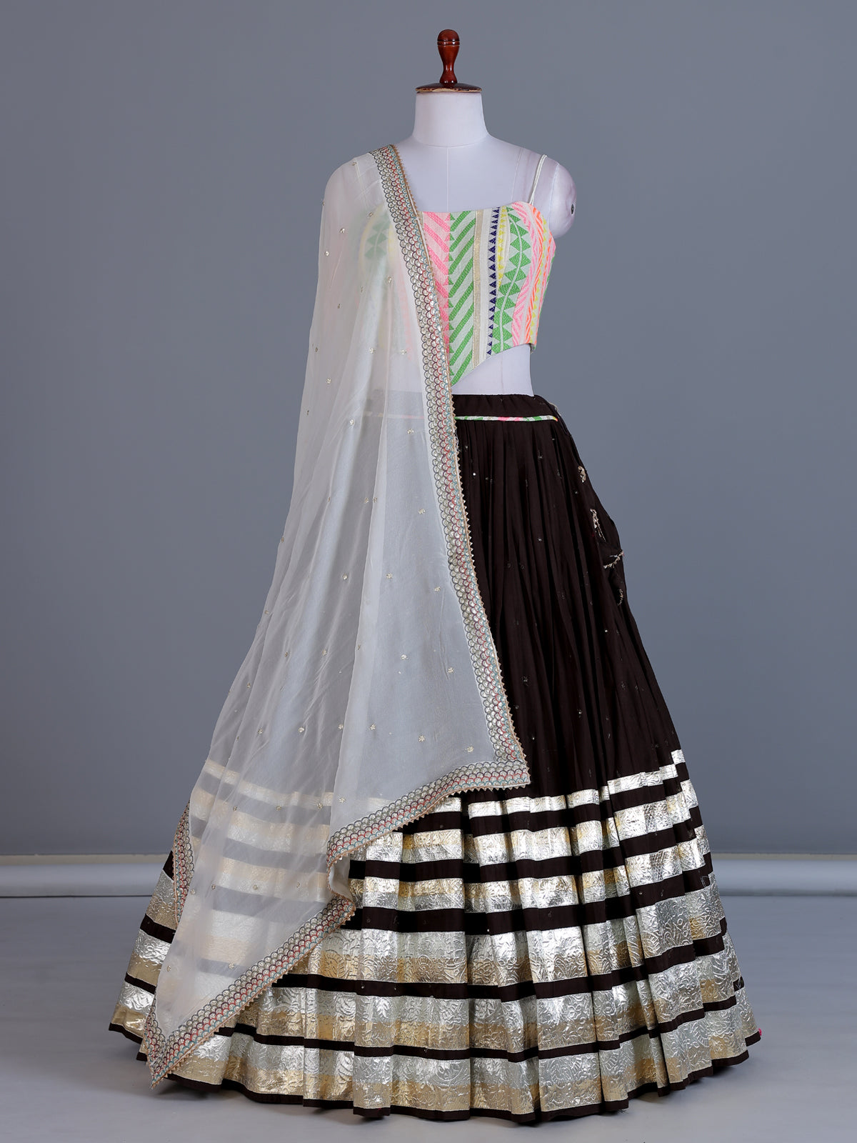 Brown navratri wear tissue silk lehenga choli with gota patti