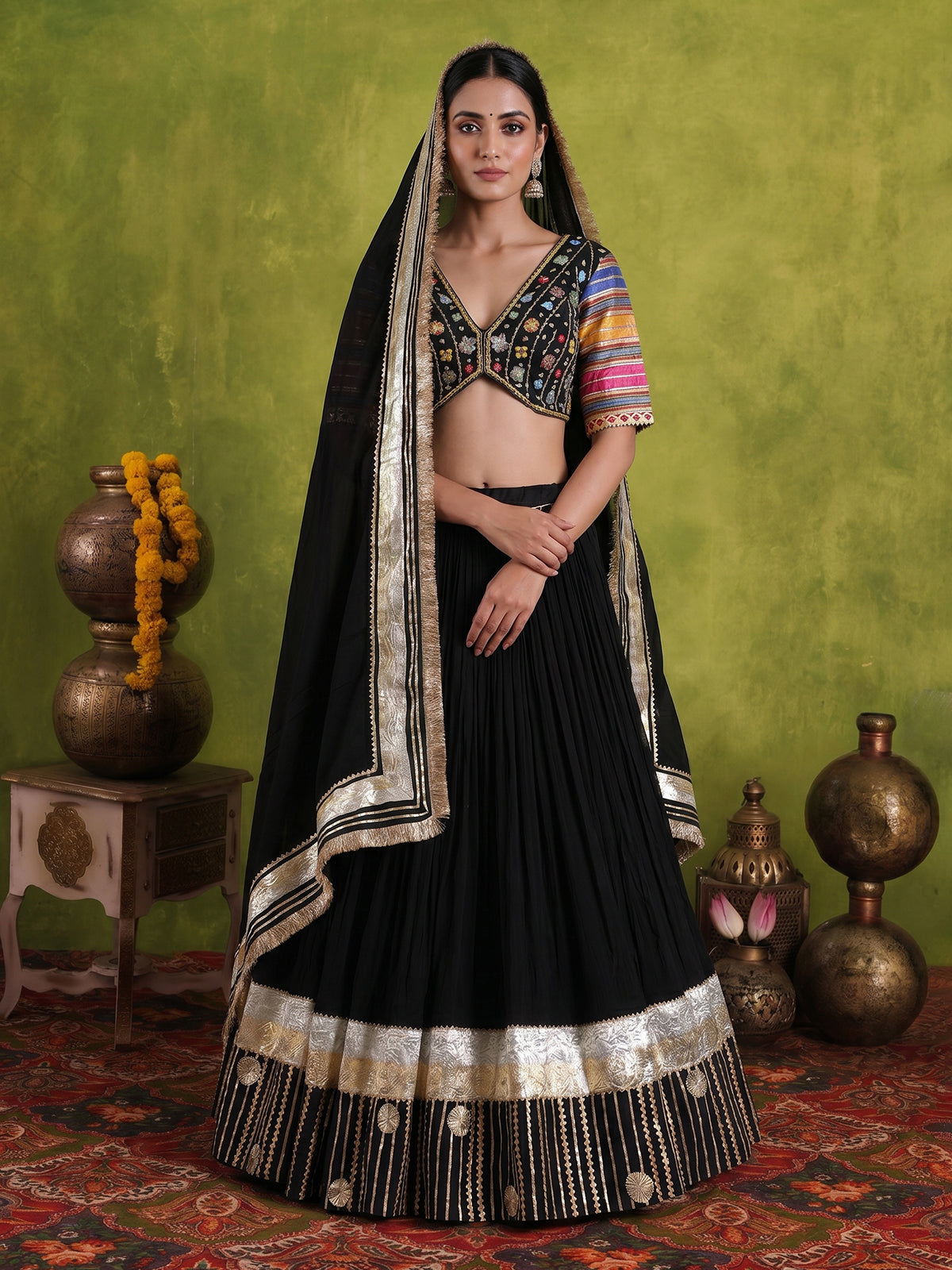 Black tissue silk navratri lehenga choli with gota patti