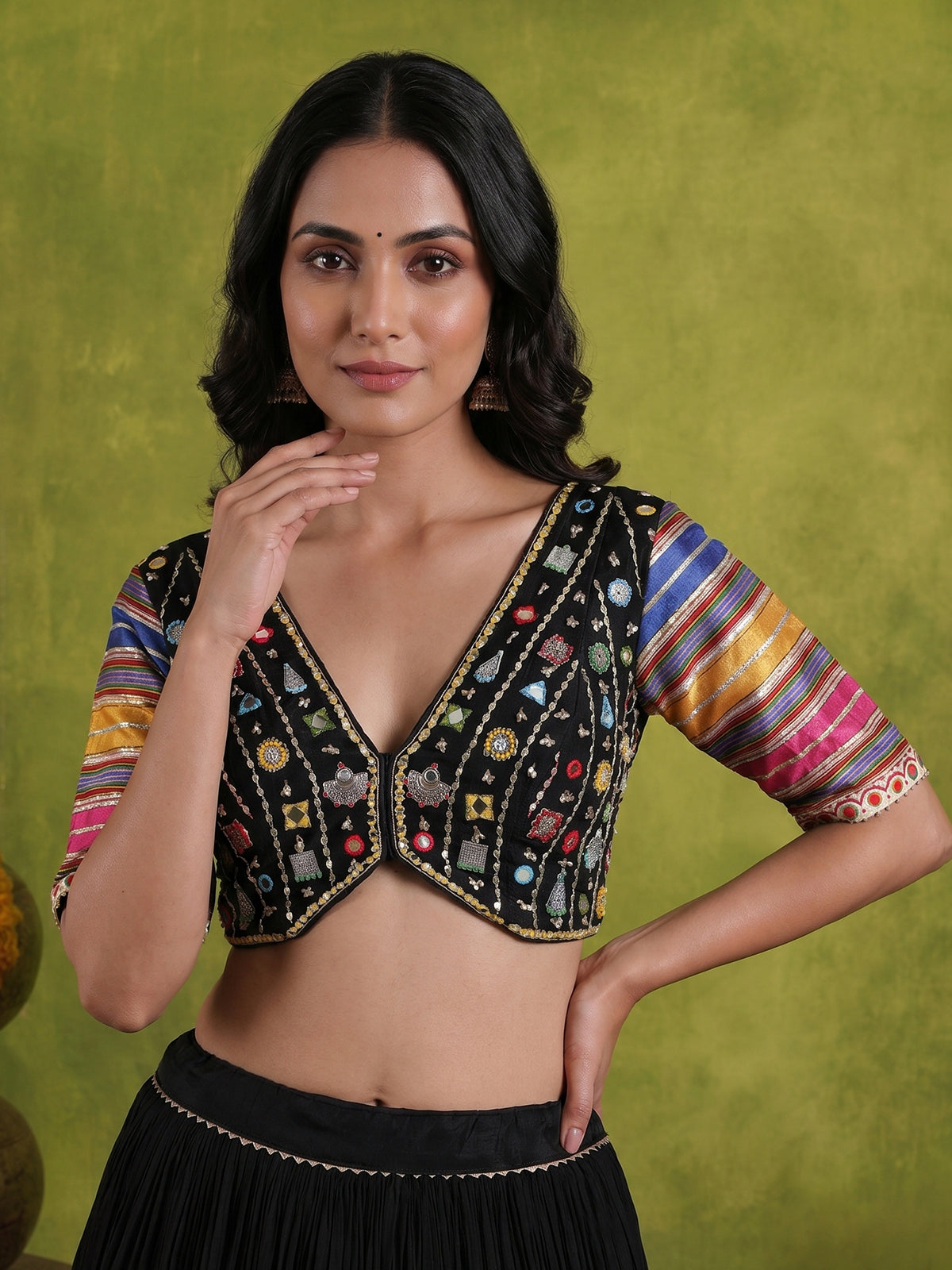 Black tissue silk navratri lehenga choli with gota patti