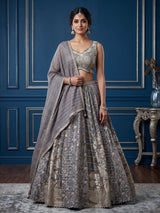 Charcoal grey jacquard lehenga choli with zardosi work