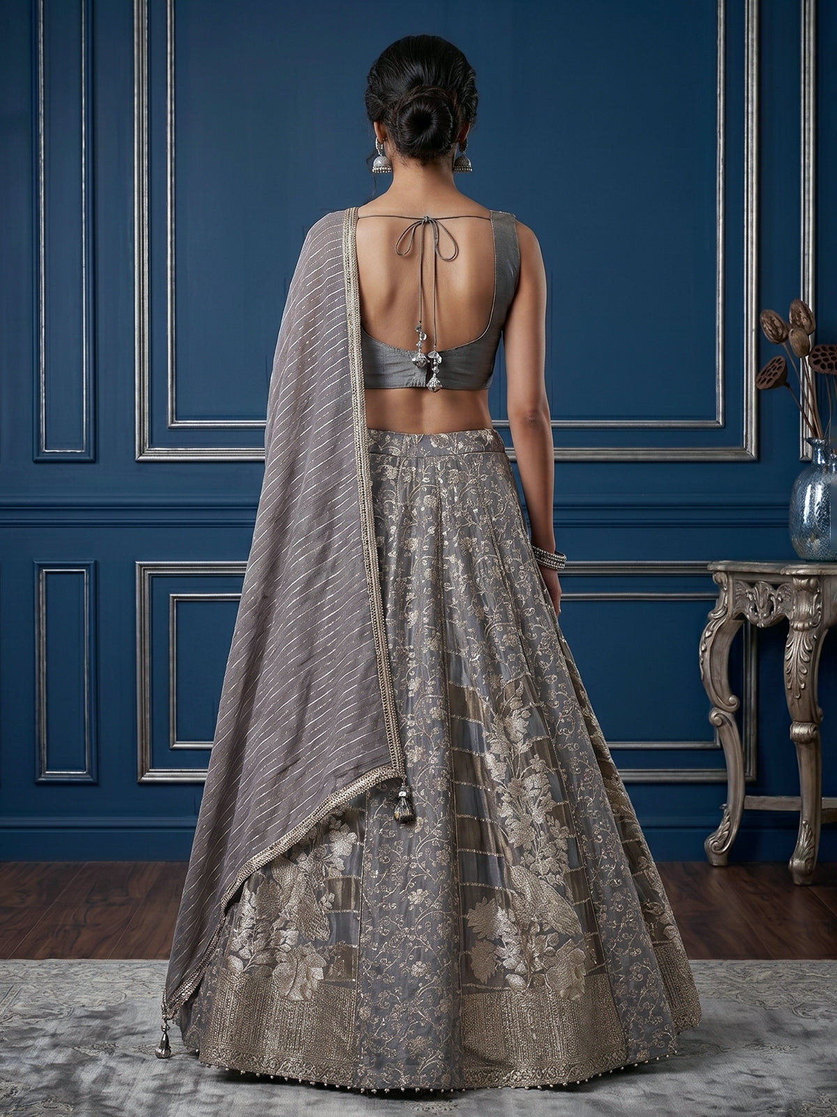 Charcoal grey jacquard lehenga choli with zardosi work