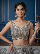 Charcoal grey jacquard lehenga choli with zardosi work