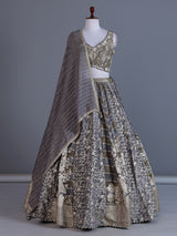 Charcoal grey jacquard lehenga choli with zardosi work