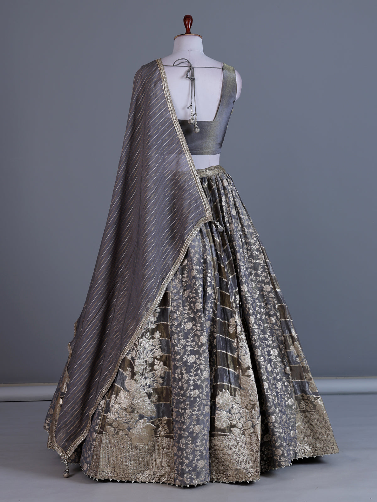 Charcoal grey jacquard lehenga choli with zardosi work