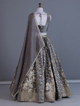 Charcoal grey jacquard lehenga choli with zardosi work