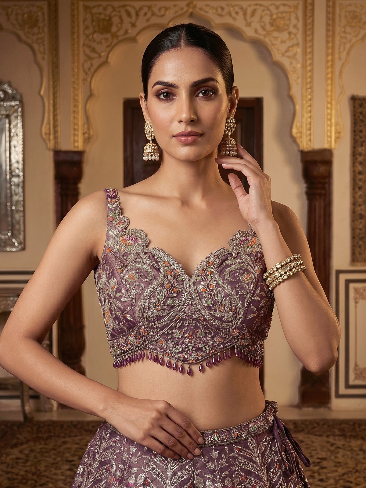 Mauve plum wine Banarasi silk lehenga choli with dupatta