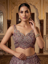 Mauve plum wine Banarasi silk lehenga choli with dupatta