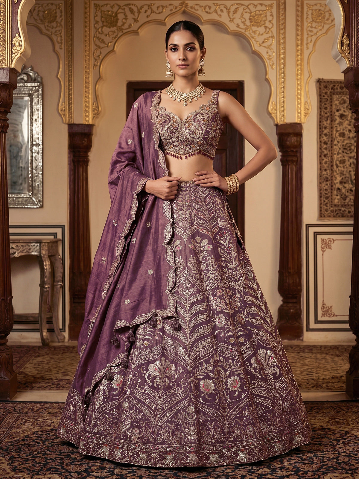 Mauve plum wine Banarasi silk lehenga choli with dupatta