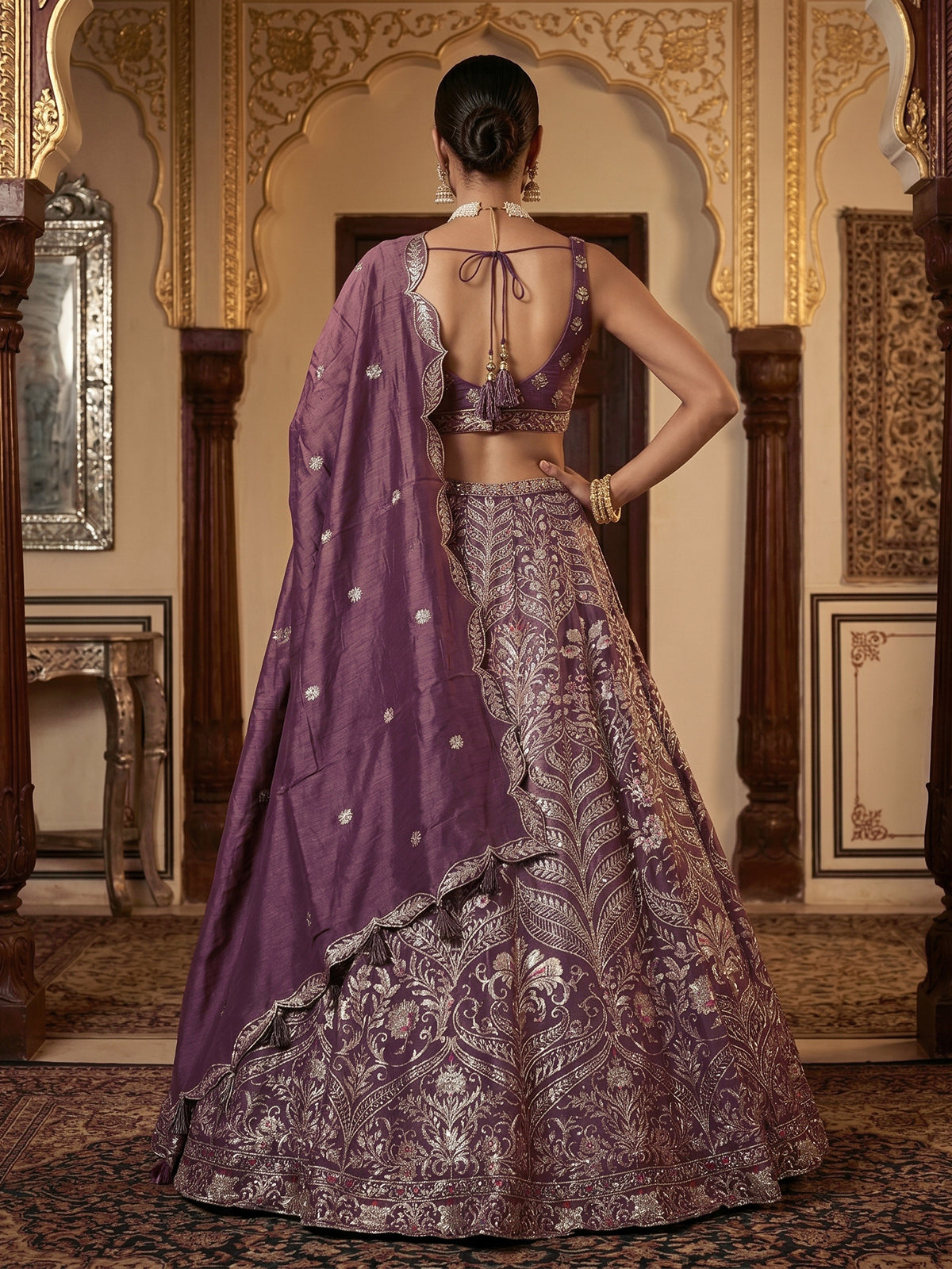 Mauve plum wine Banarasi silk lehenga choli with dupatta