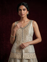 Beige jacquard embellished lehenga choli with tissue dupatta