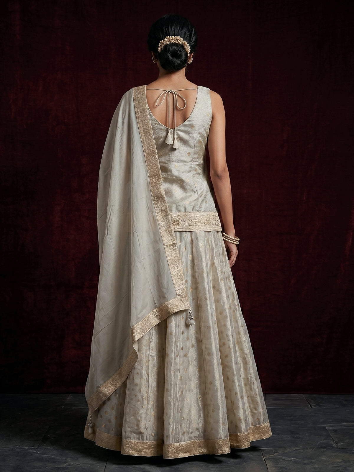 Beige jacquard embellished lehenga choli with tissue dupatta