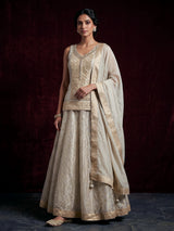 Beige jacquard embellished lehenga choli with tissue dupatta
