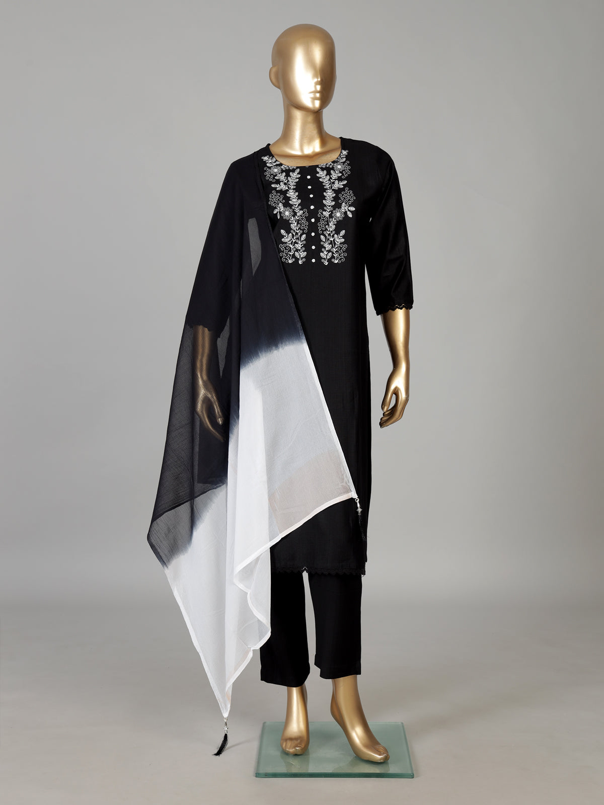 Black cotton silk kurti set with dupatta