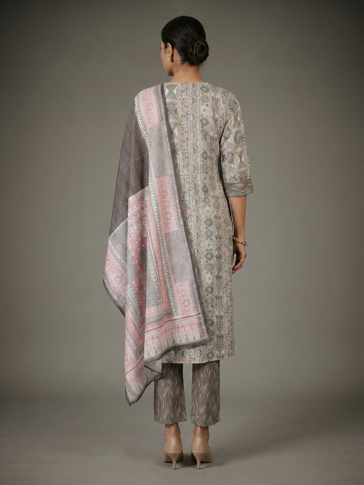 Beige cotton silk kurti set with printed dupatta