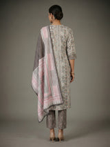 Beige cotton silk kurti set with printed dupatta