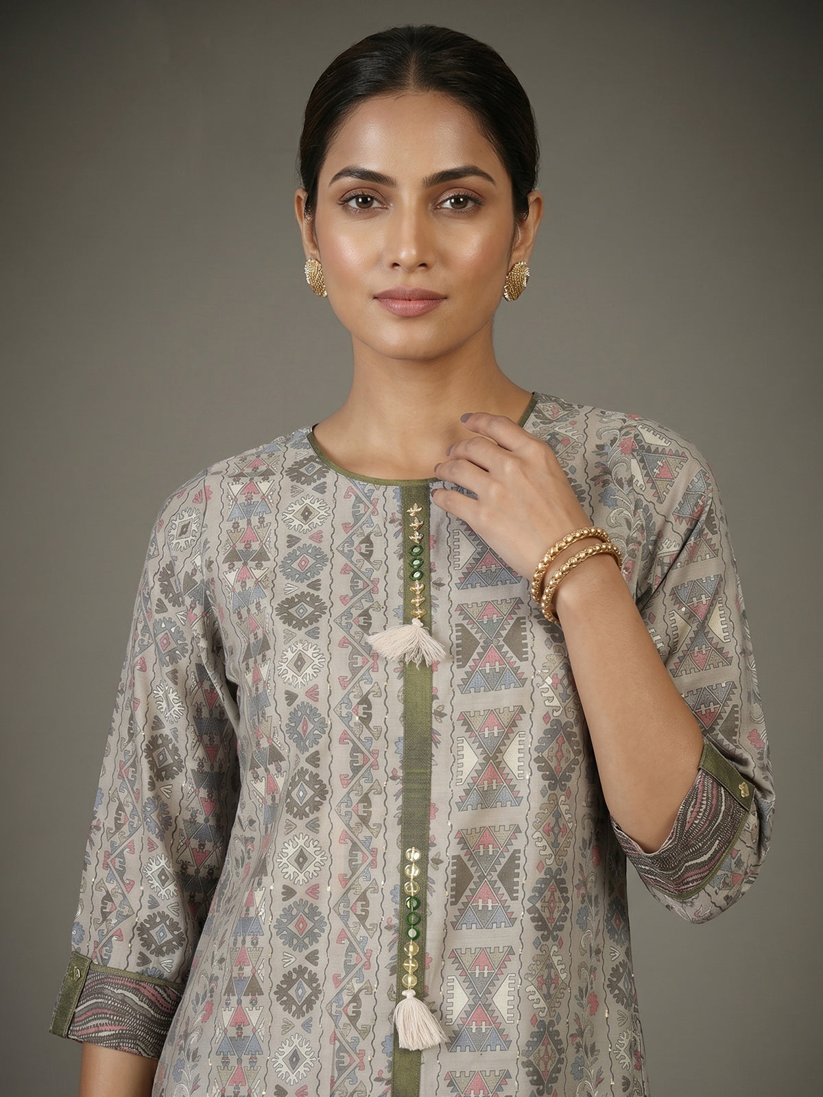 Beige cotton silk kurti set with printed dupatta