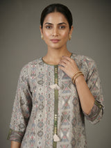 Beige cotton silk kurti set with printed dupatta