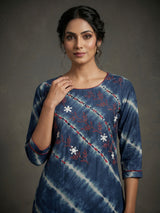 Navy cotton silk festive wear kurti set with print