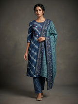 Navy cotton silk festive wear kurti set with print