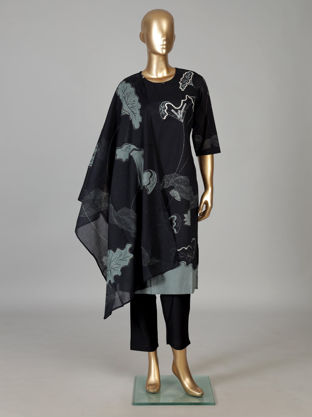 Black cotton festive wear kurti set with dupatta