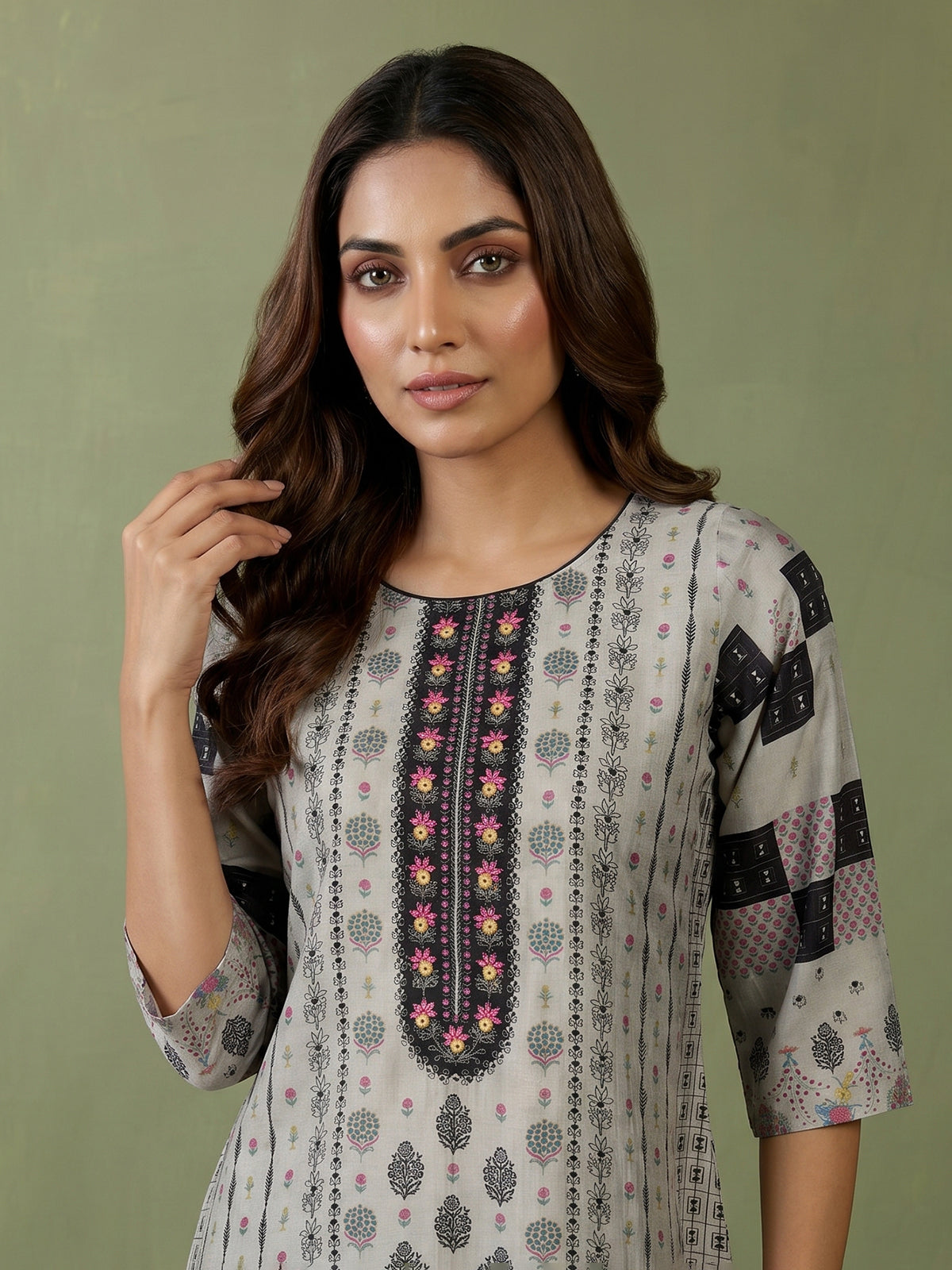 Dusty beige cotton silk kurti set with ethnic print