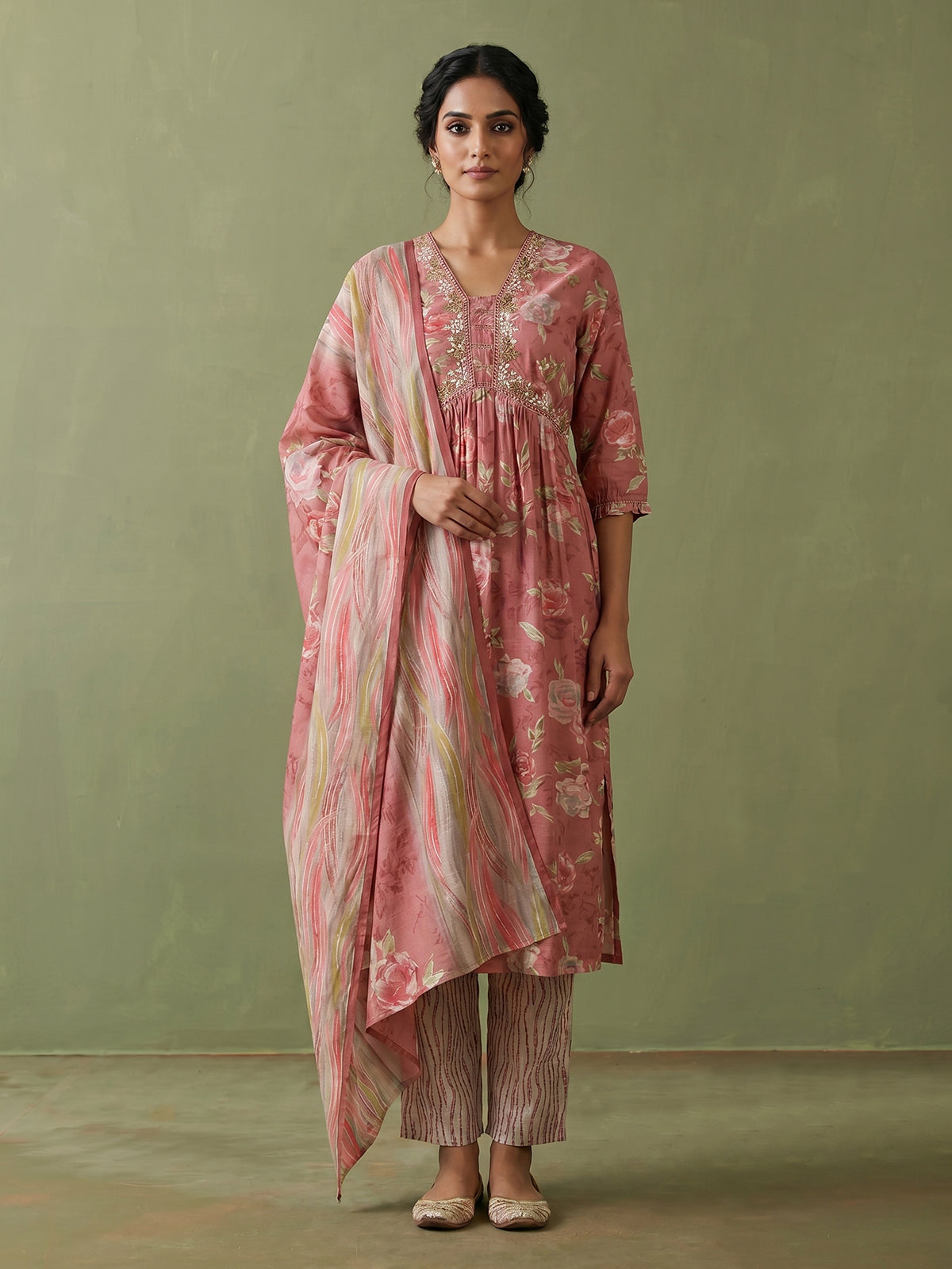 Onion pink cotton silk nyra cut kurti set