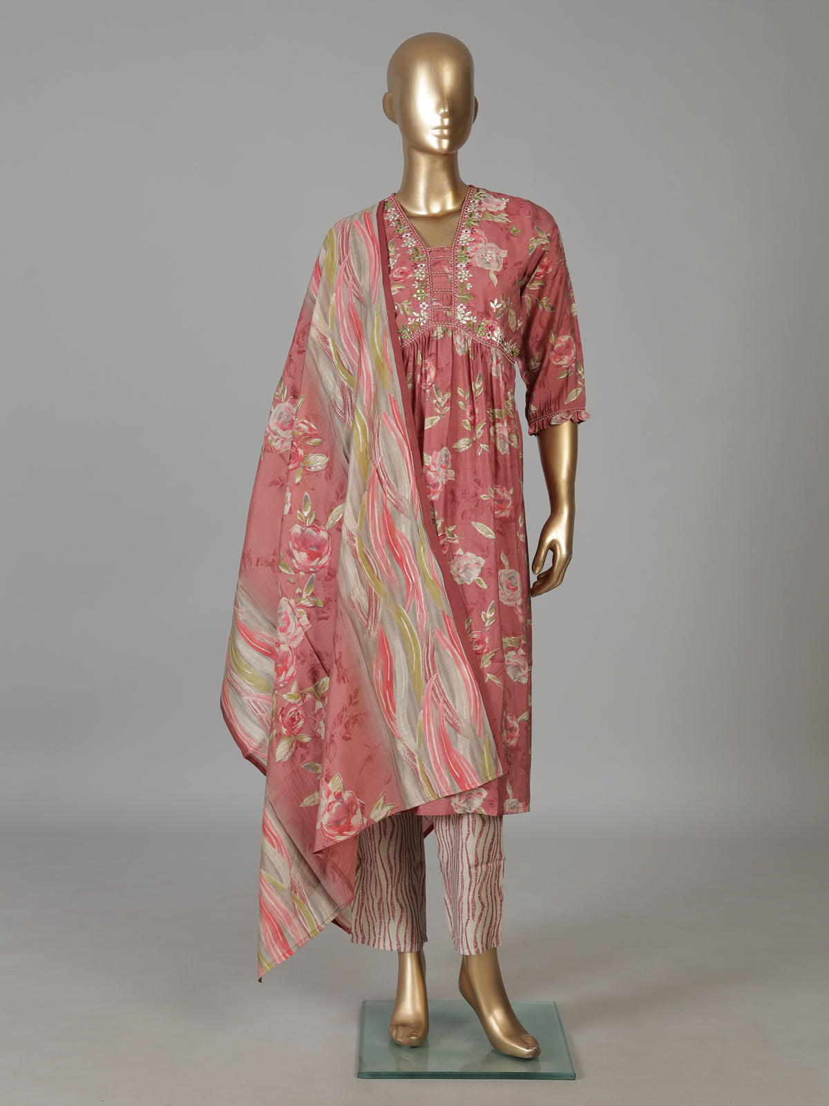 Onion pink cotton silk nyra cut kurti set