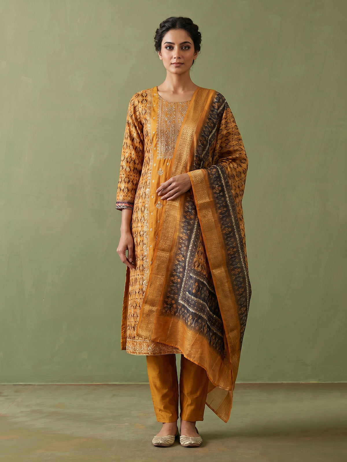 Mustard yellow silk printed kurti set with dupatta