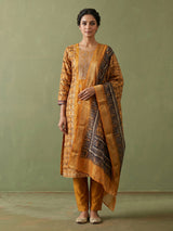 Mustard yellow silk printed kurti set with dupatta