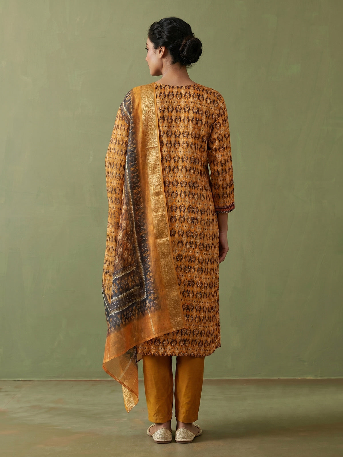 Mustard yellow silk printed kurti set with dupatta