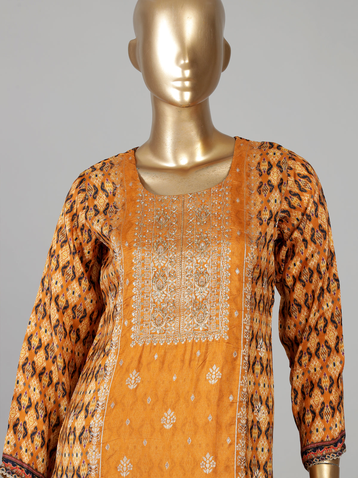 Mustard yellow silk printed kurti set with dupatta