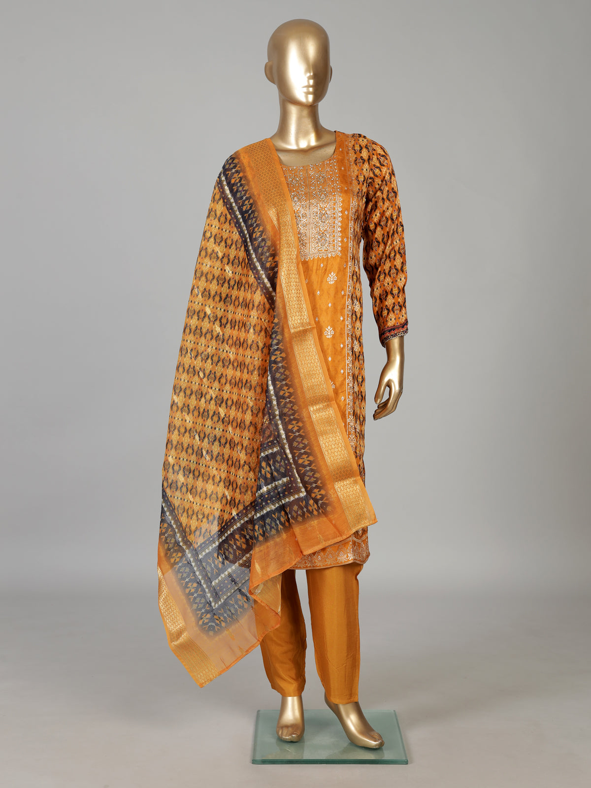 Mustard yellow silk printed kurti set with dupatta