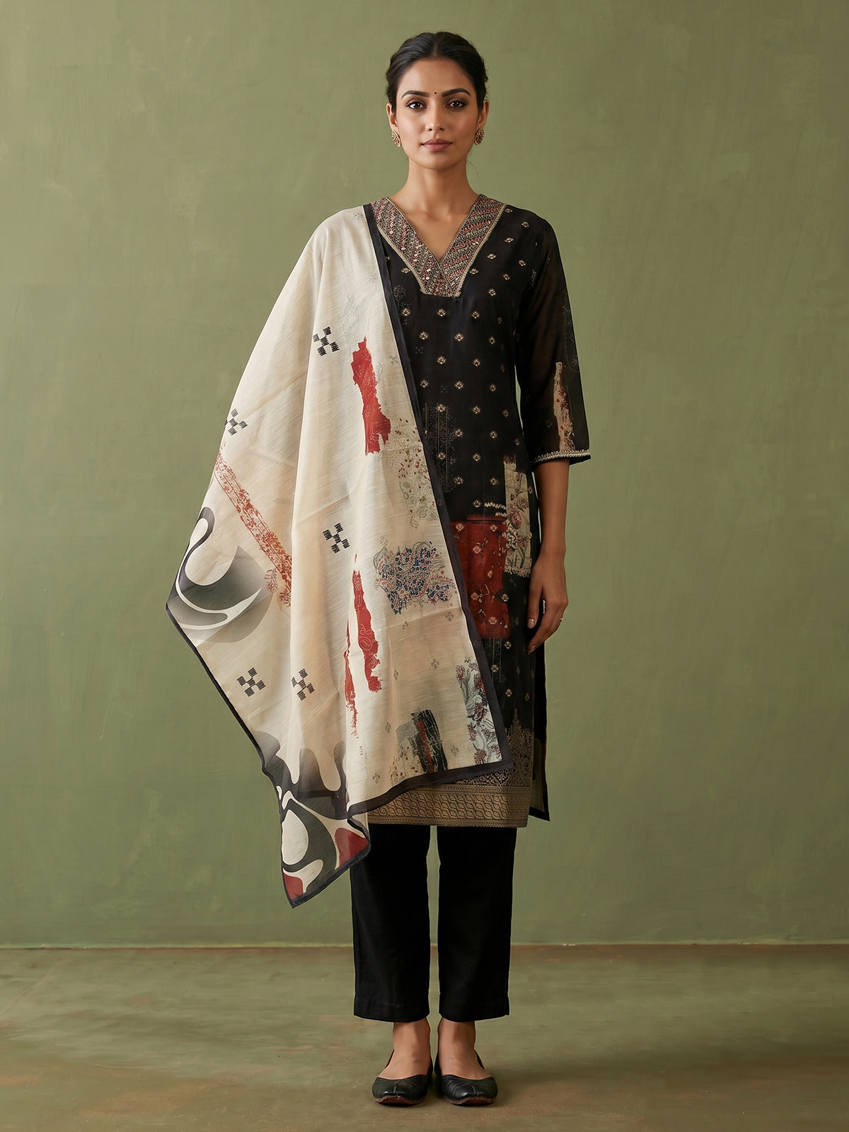 Black cotton silk festive kurti set with print