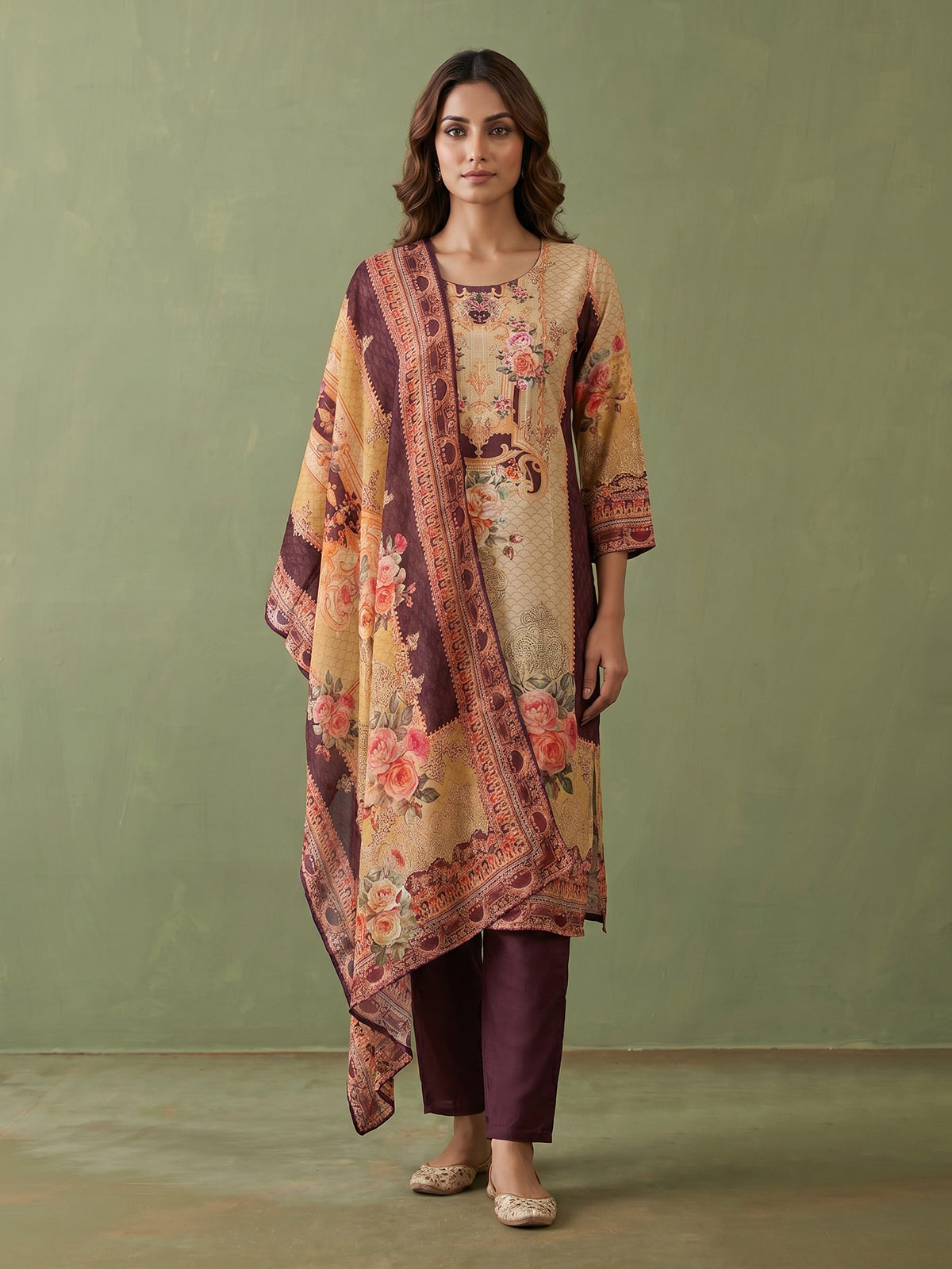 Yellow cotton silk festive kurti set with printed dupatta