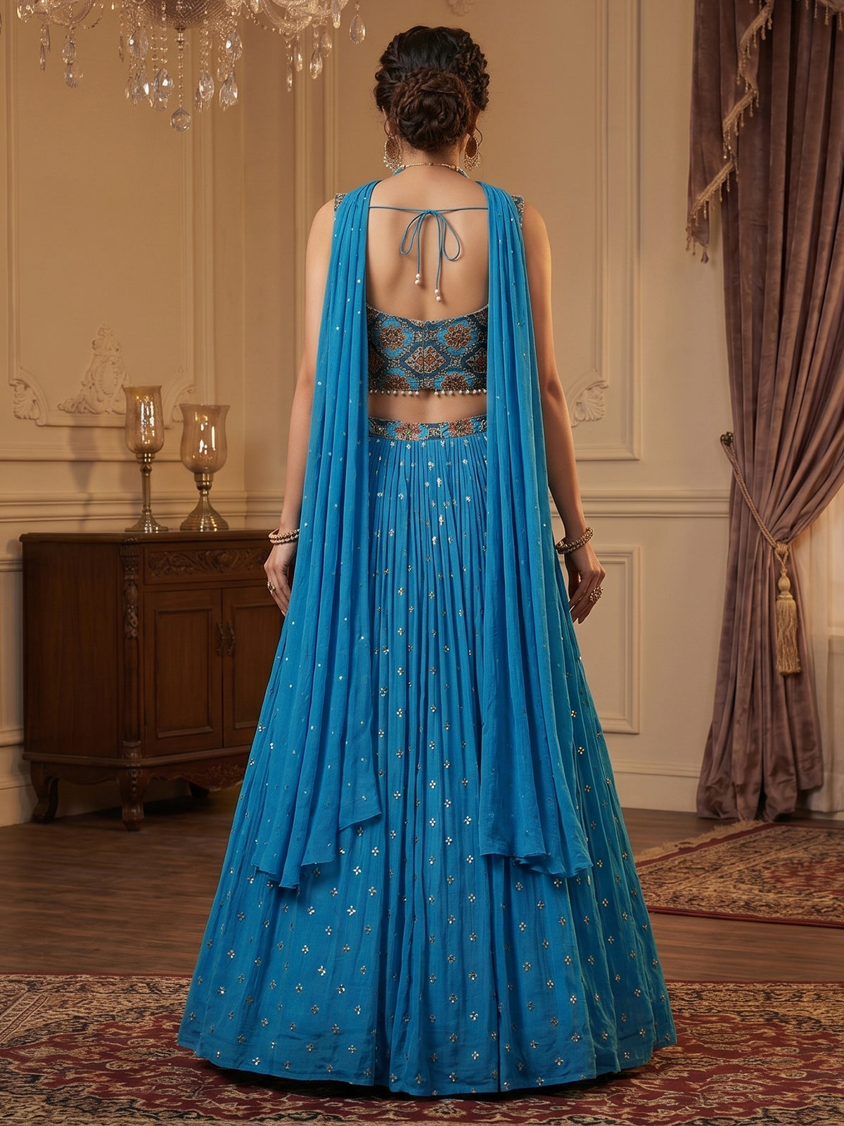 Aqua blue chiffon mirror work lehenga choli